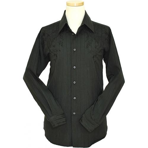 Pronti Black Shadow Stripe With Embroidery Cotton Blend Long Sleeve Casual Shirt S1551-2